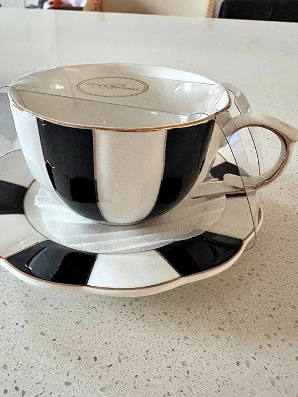 Grace Teaware Black and White Scallop Fine Porcelain Tea Cup and Saucer